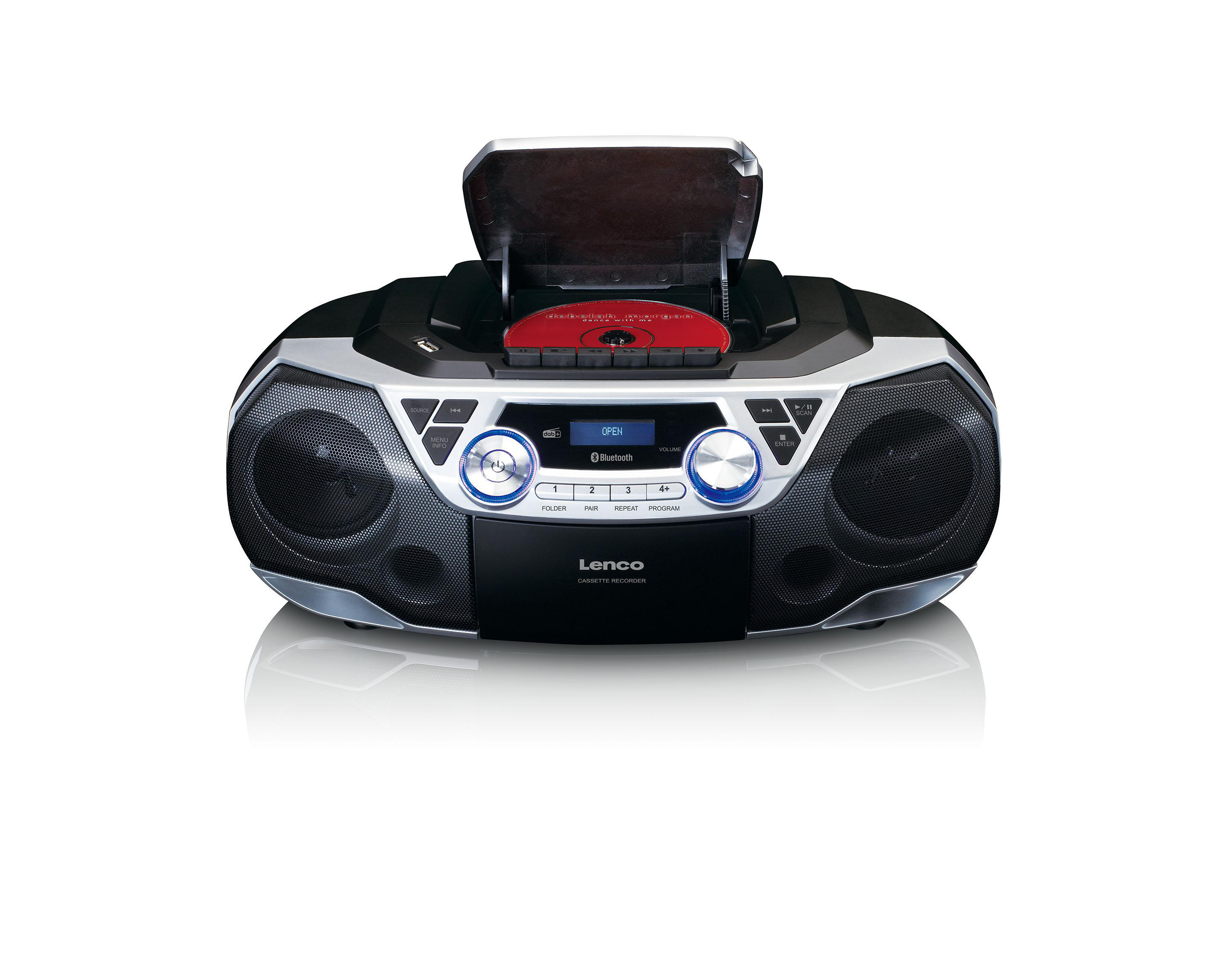 Schwarzer und silberner Lenco-Boombox mit CD-Player und Lautsprechern. CD ist innen sichtbar.