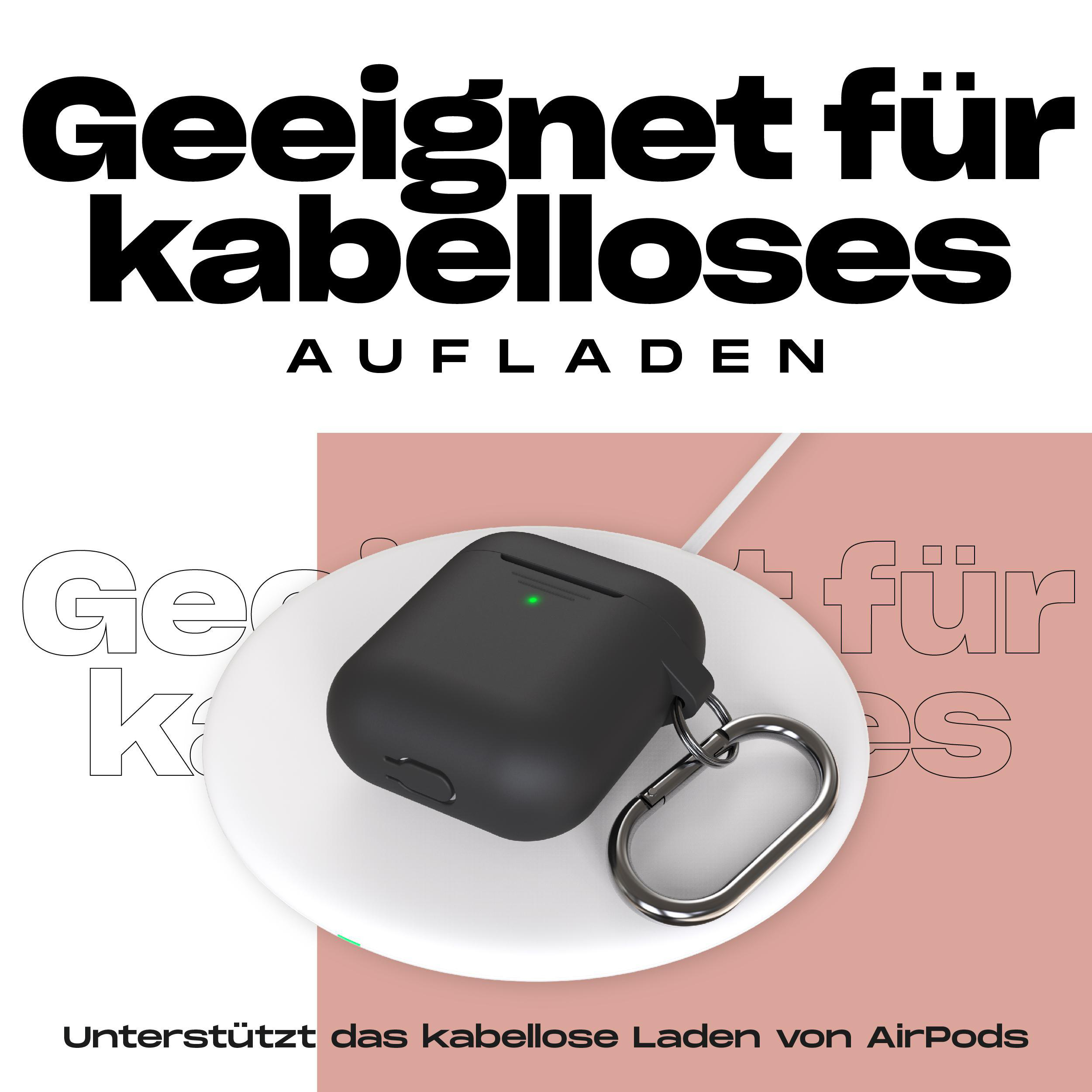 Kabelloses Ladepad mit schwarzem Case für AirPods.