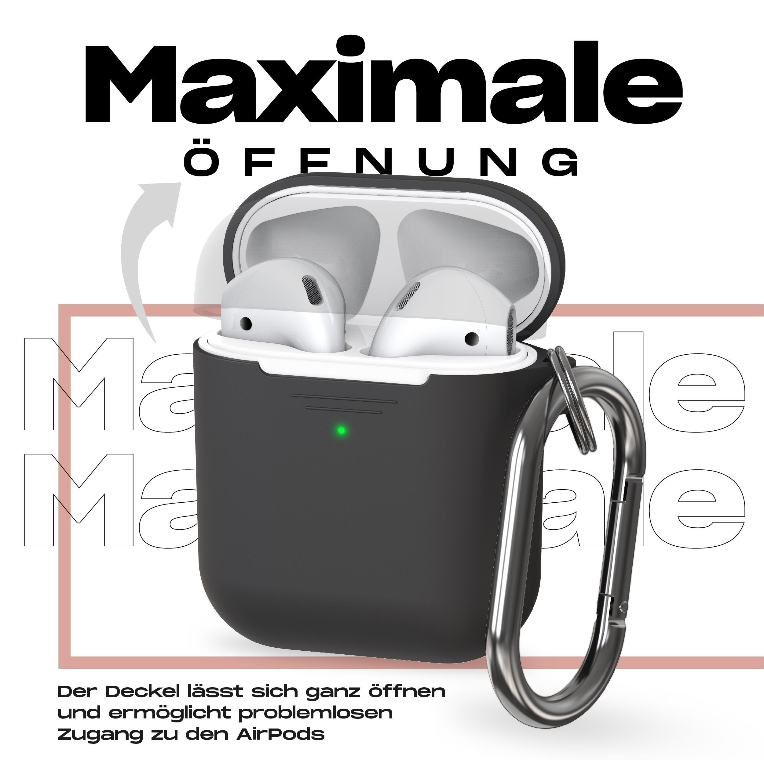 Schwarzes Schutzetui für Airpods mit Karabiner. Der Deckel ist offen, die Ohrhörer sind sichtbar.