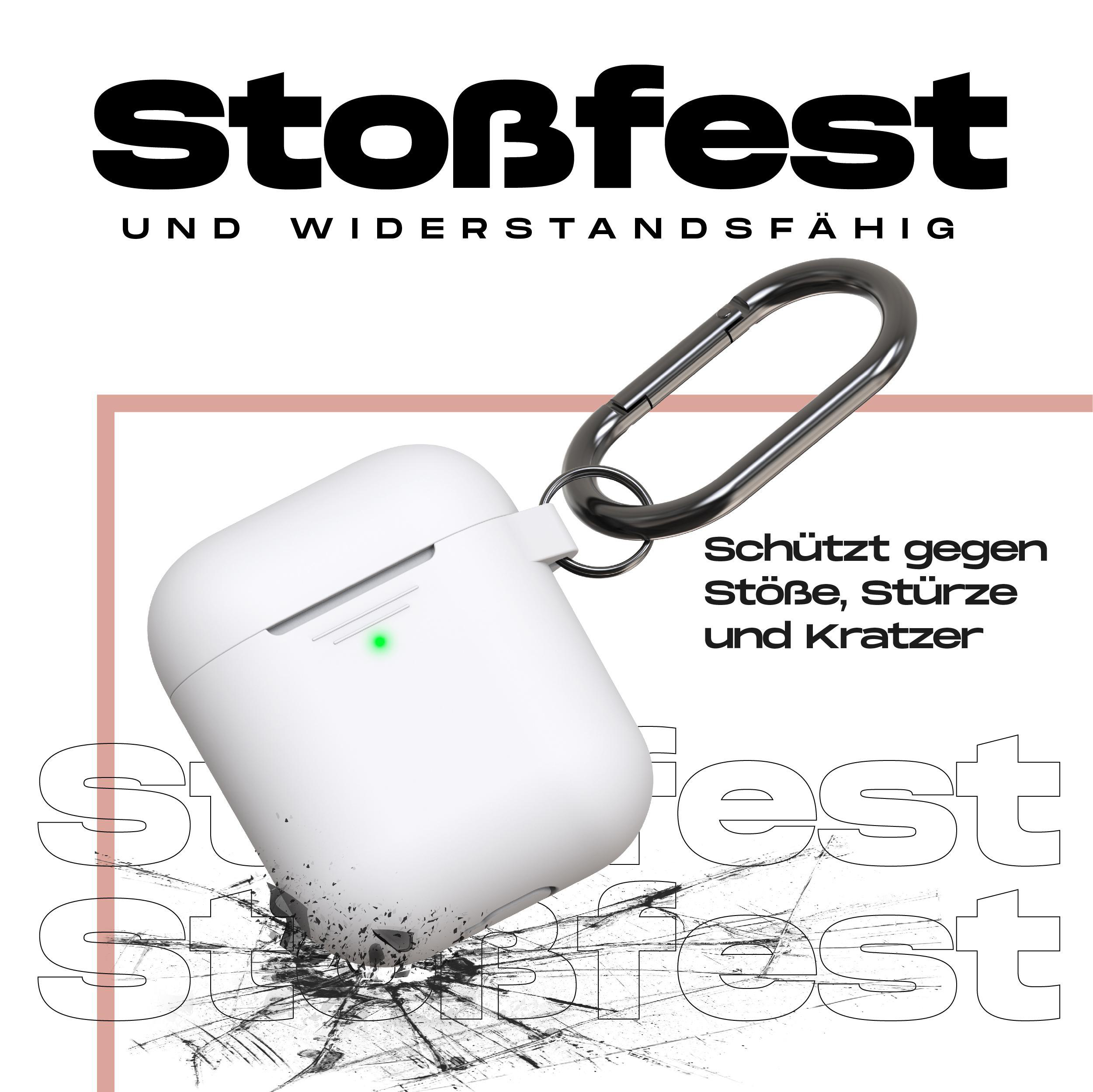 Weißes AirPods-Case mit Karabiner, vor Beschädigung geschützt.