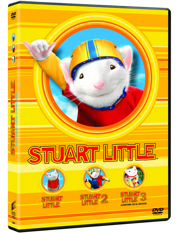 Caja de DVD de Stuart Little con tres películas. La portada tiene un ratón de dibujos animados y fondo amarillo.