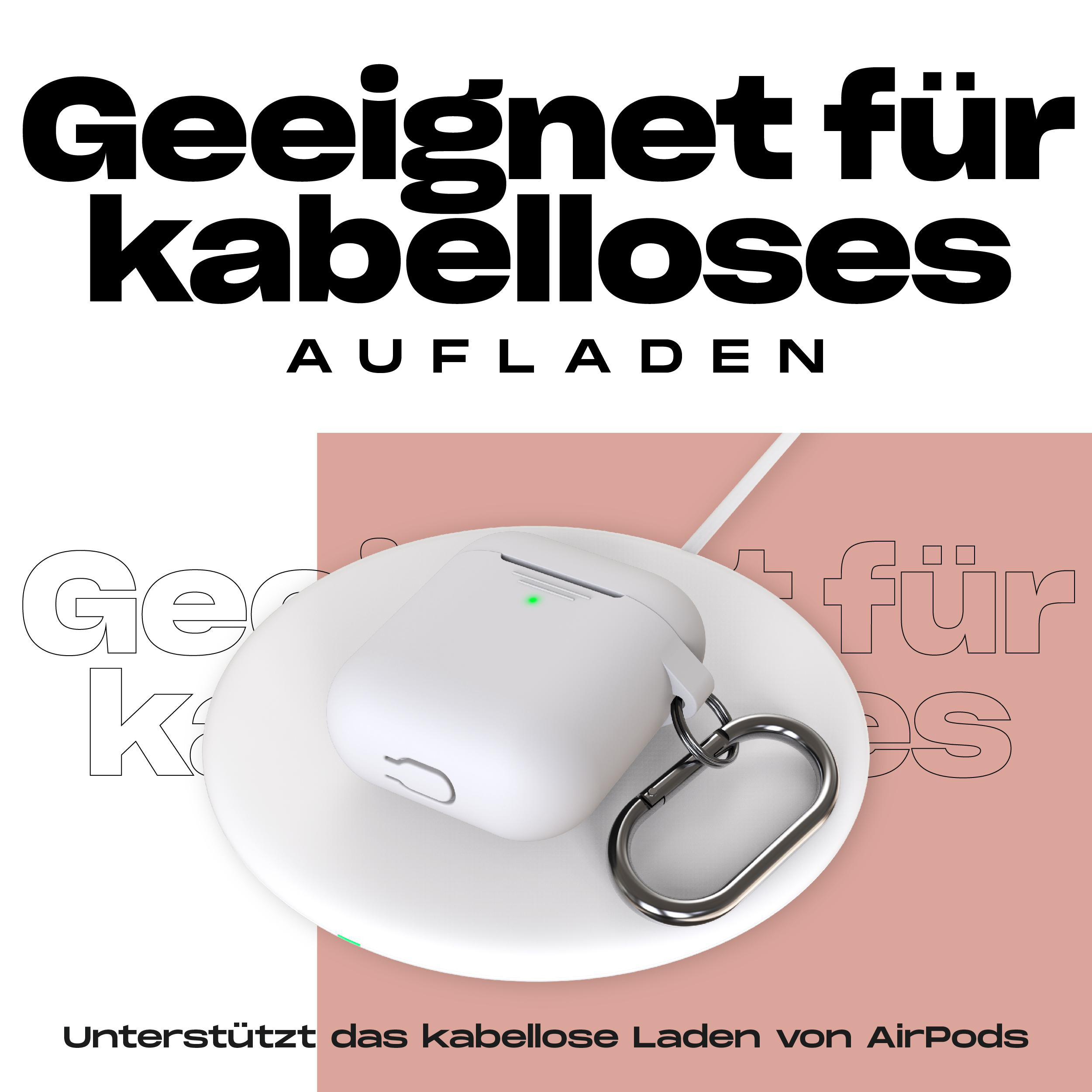 Weißes AirPods-Case auf einem kabellosen Ladegerät mit Text: 'Geeignet für kabelloses Aufladen'.