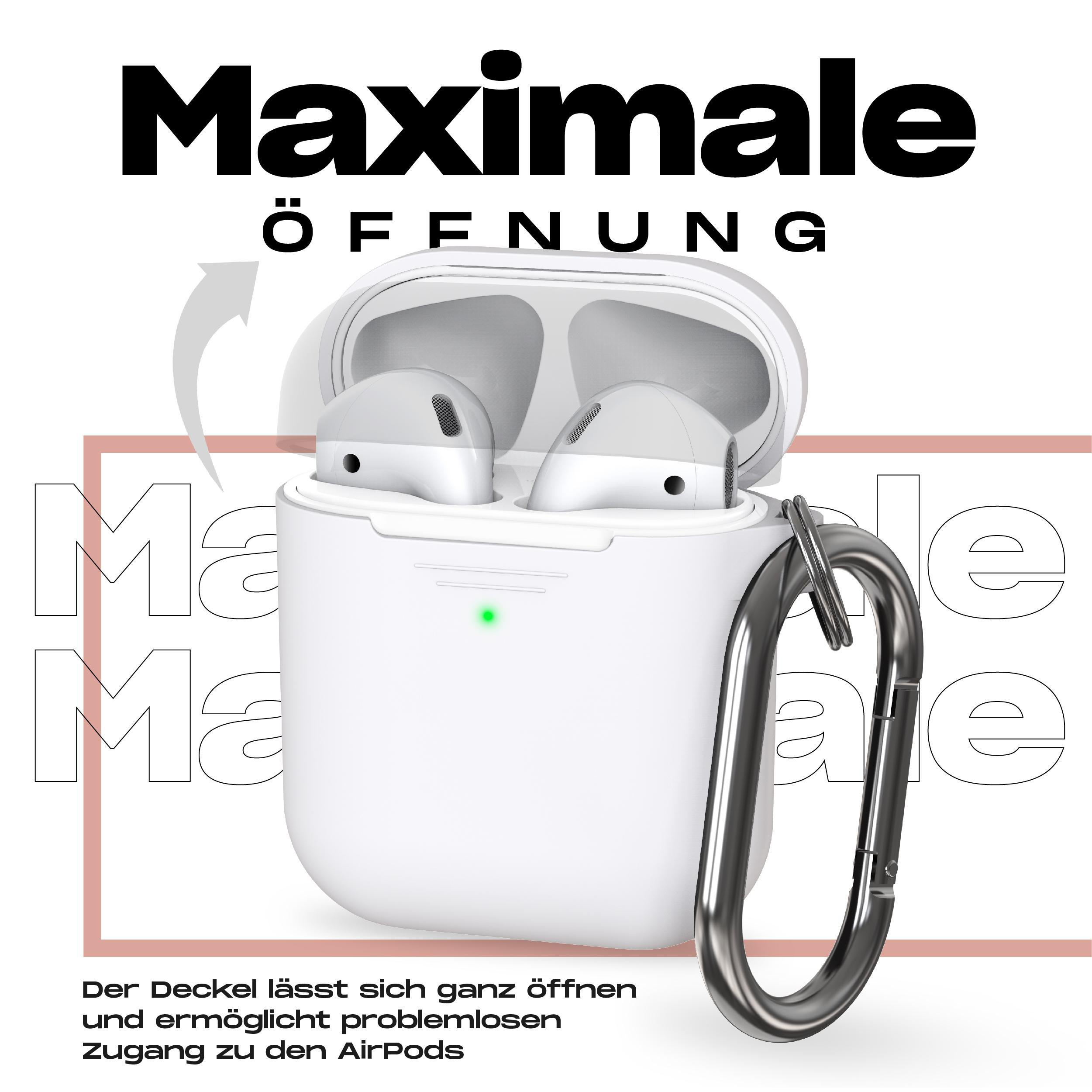 Weißes AirPods-Etui mit offenem Deckel. Ein silberner Karabiner hängt an der Seite.