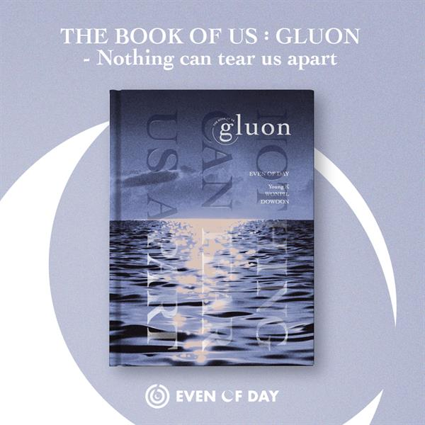 Boekomslag met een waterreflectie en de titel 'THE BOOK OF US: GLUON'.