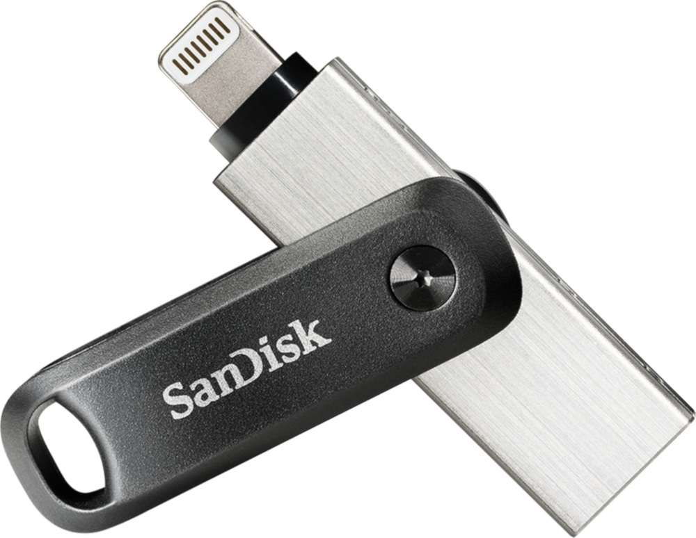 Zilveren en zwarte Sandisk USB-stick, open met de connector zichtbaar.