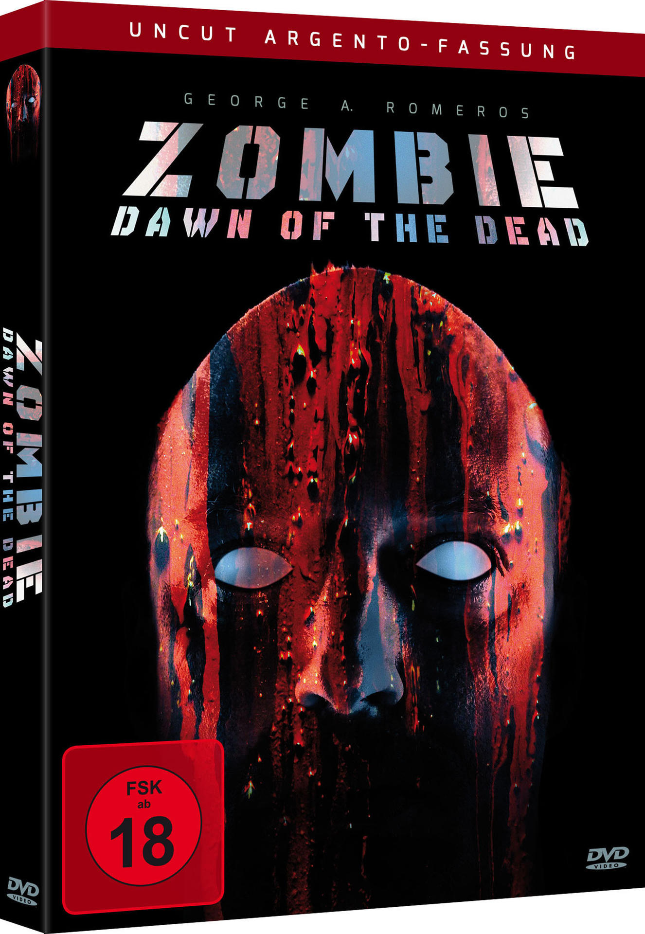 Zombie: Dawn of the Dead DVD-Cover. Blutiges Gesicht, Titeltext und FSK 18.
