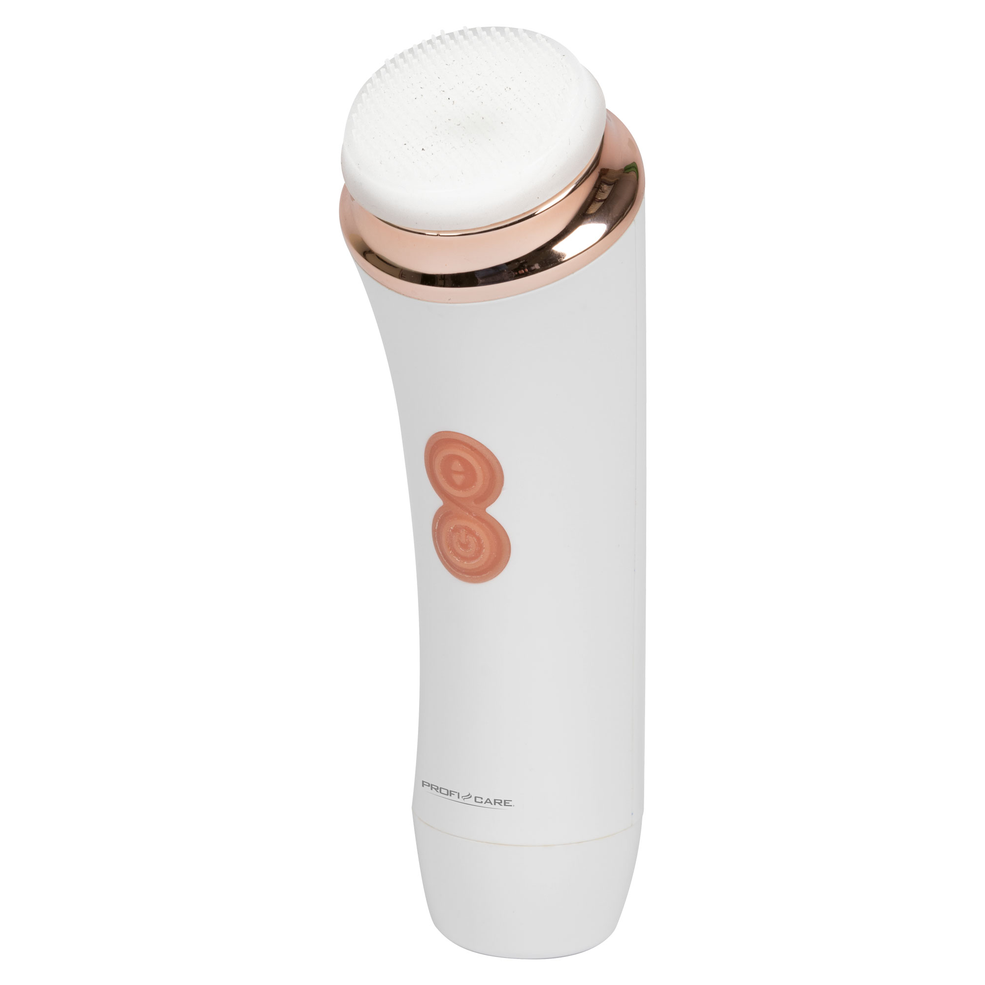 Weisse Gesichtsreinigungsbürste mit roségoldfarbenem Besatz und Knöpfen. Runder Bürstenkopf.
