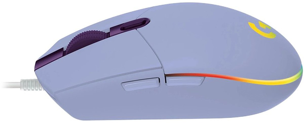 Egy világos lila Logitech egér görgetőkerékkel. Fehér háttér.