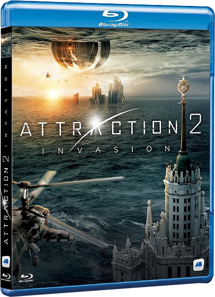Blu-ray disc cover voor Attraction 2: Invasion. Toont stad, zee en helikopters. Sciencefiction thema.
