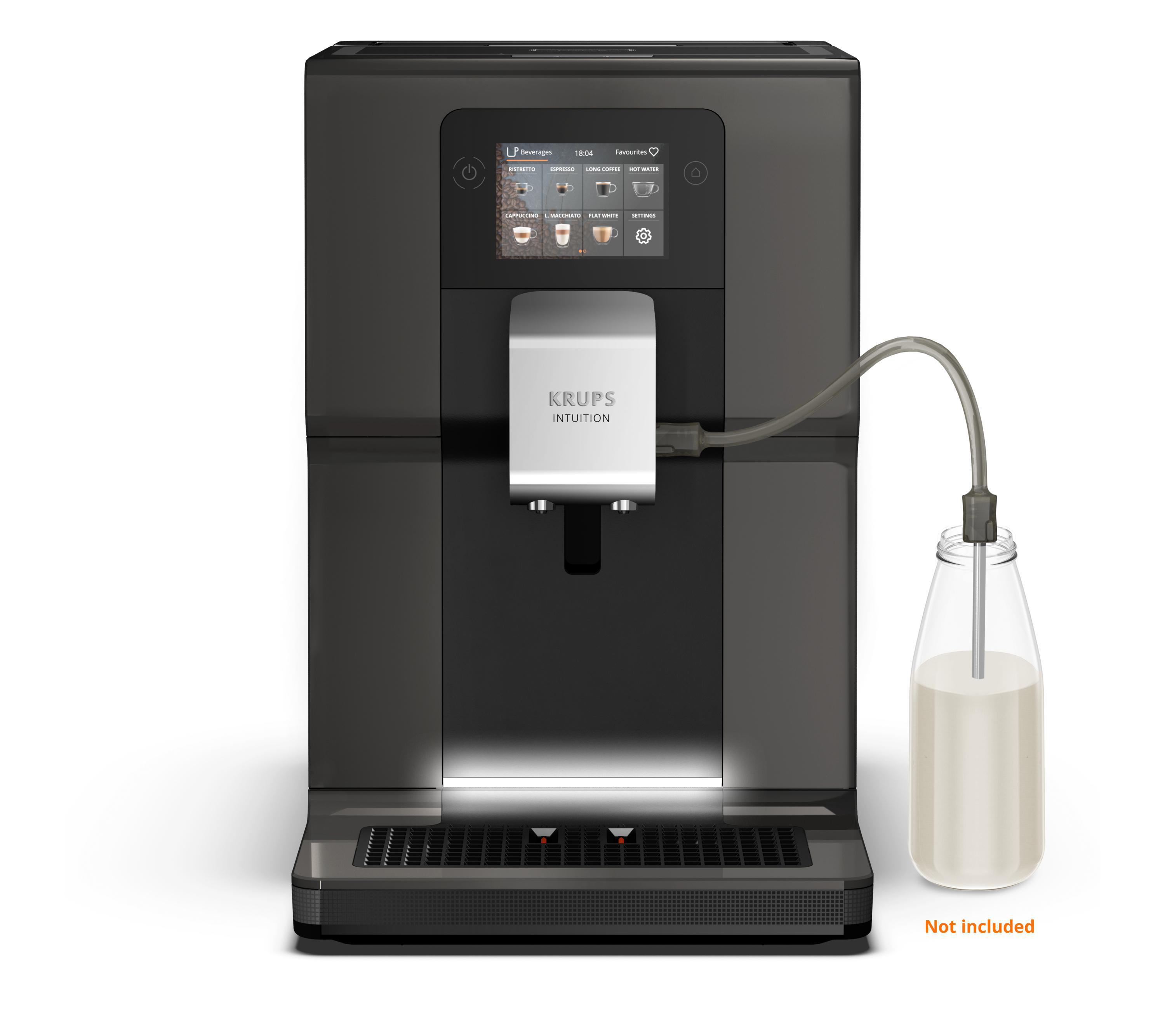 Schwarze Krups Intuition Kaffeemaschine mit Milchbehälter. Digitales Display. Grauer Hintergrund.