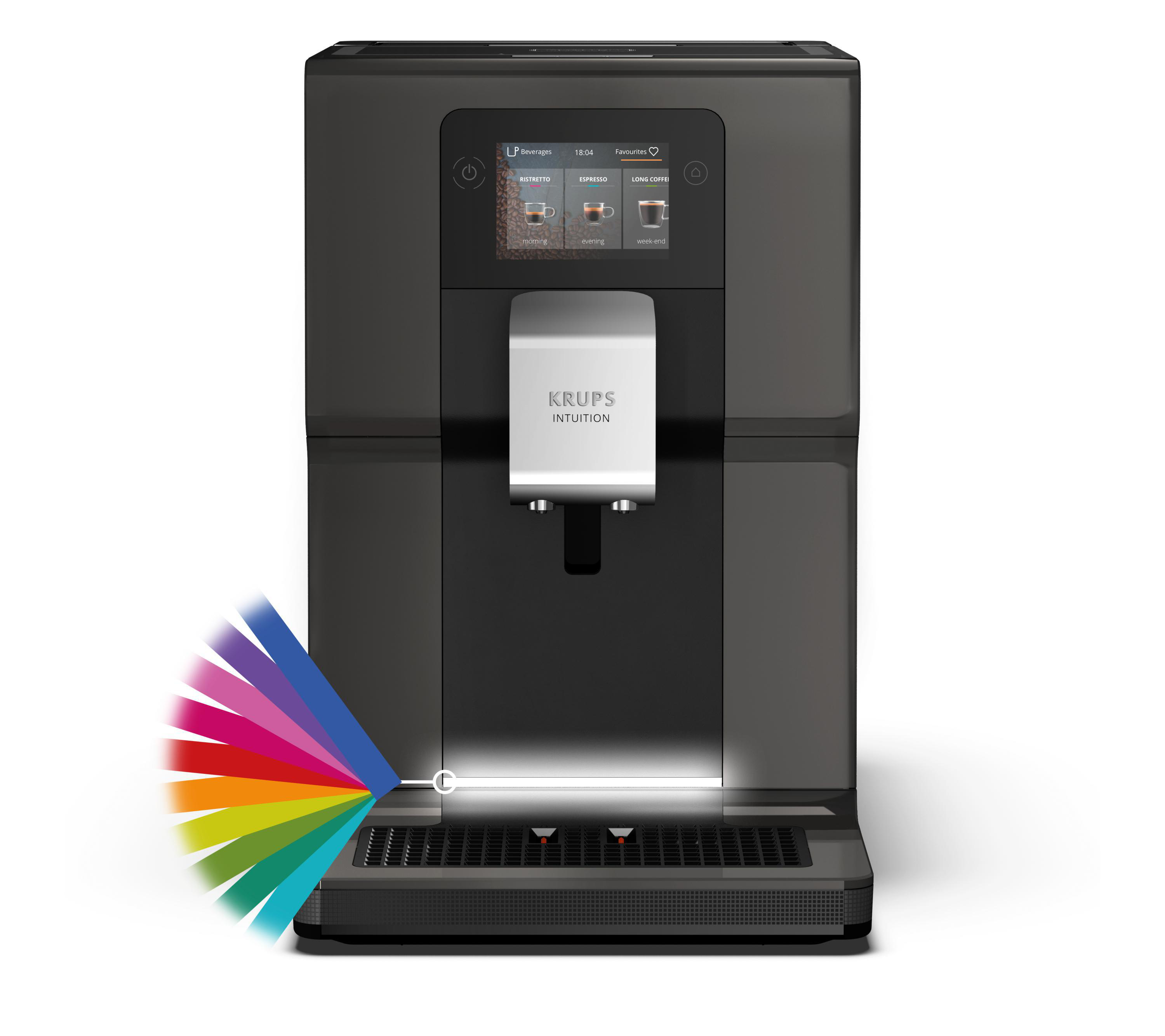 Schwarze Krups Intuition Kaffeemaschine mit Touchscreen und Farblichtanzeige.