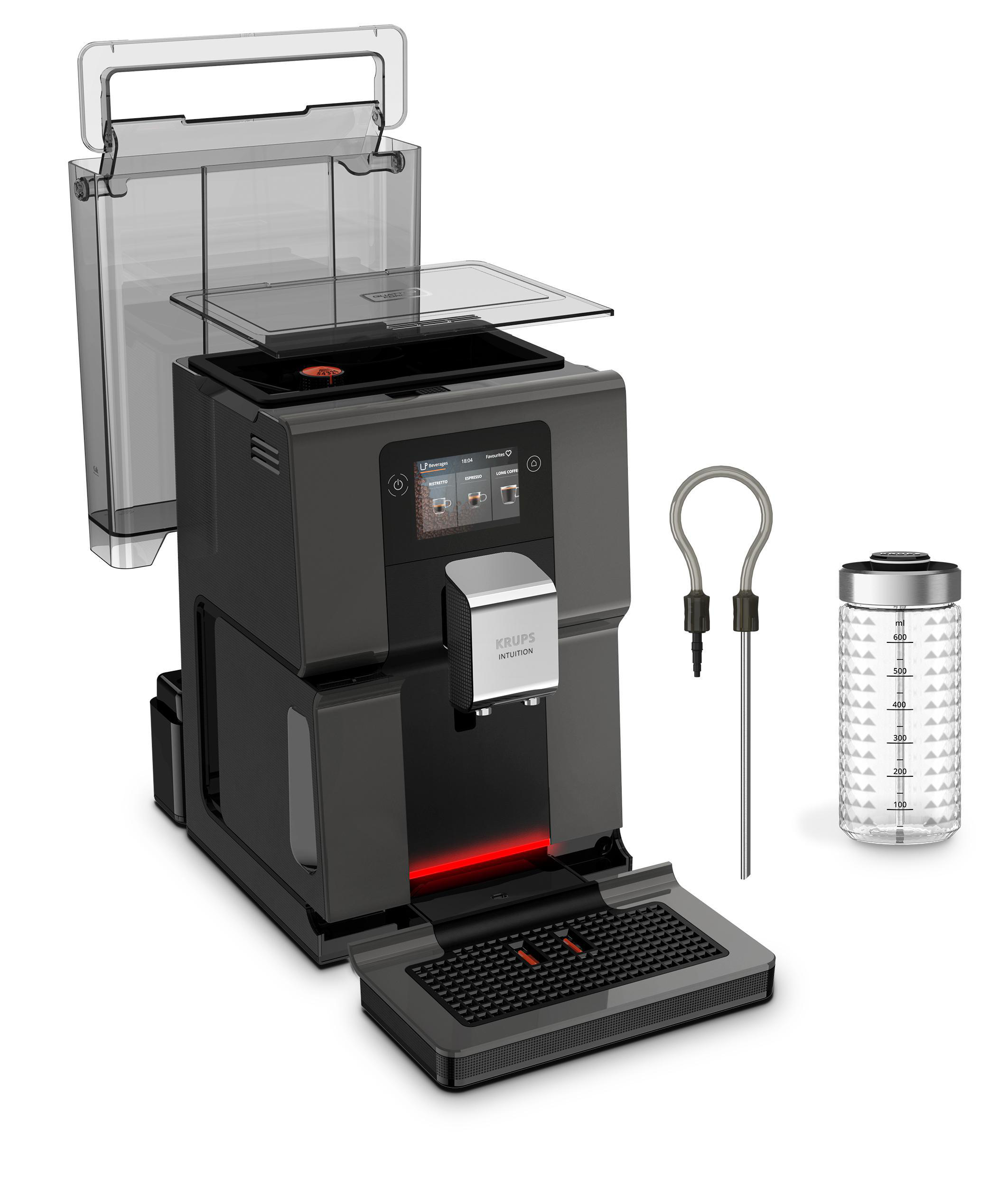 Dunkelgraue Kaffeemaschine mit Zubehör, Wassertank und Tasse.