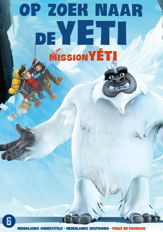 Filmposter: Een grote witte yeti met twee mensen die aan een touw hangen voor een ijzige berg.