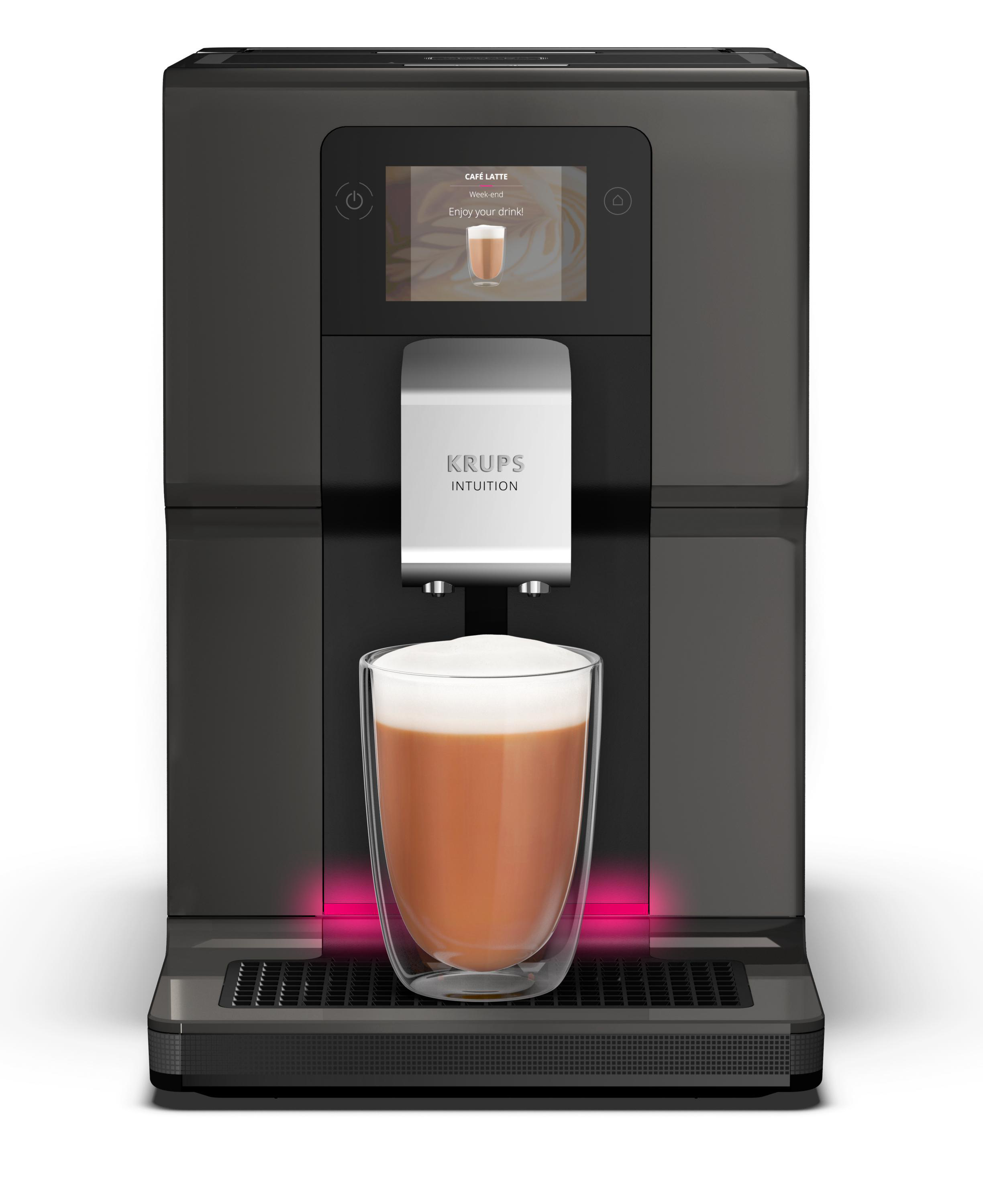 Eine dunkelgraue Krups Intuition Kaffeemaschine mit einem Latte in einem Glas.