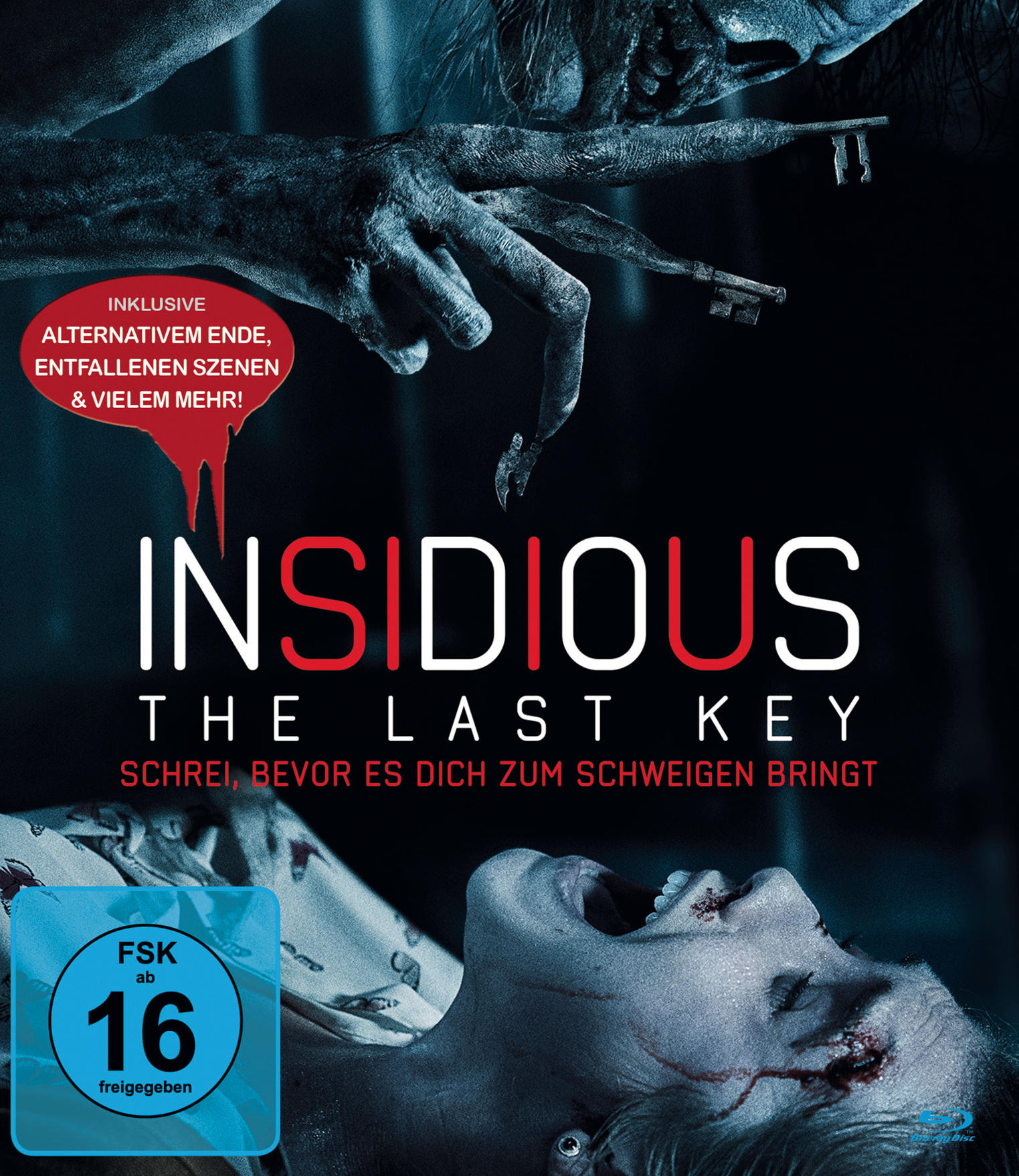 Filmposter mit schreiender Frau, Hand mit Schlüssel und Titel 'Insidious: The Last Key'.