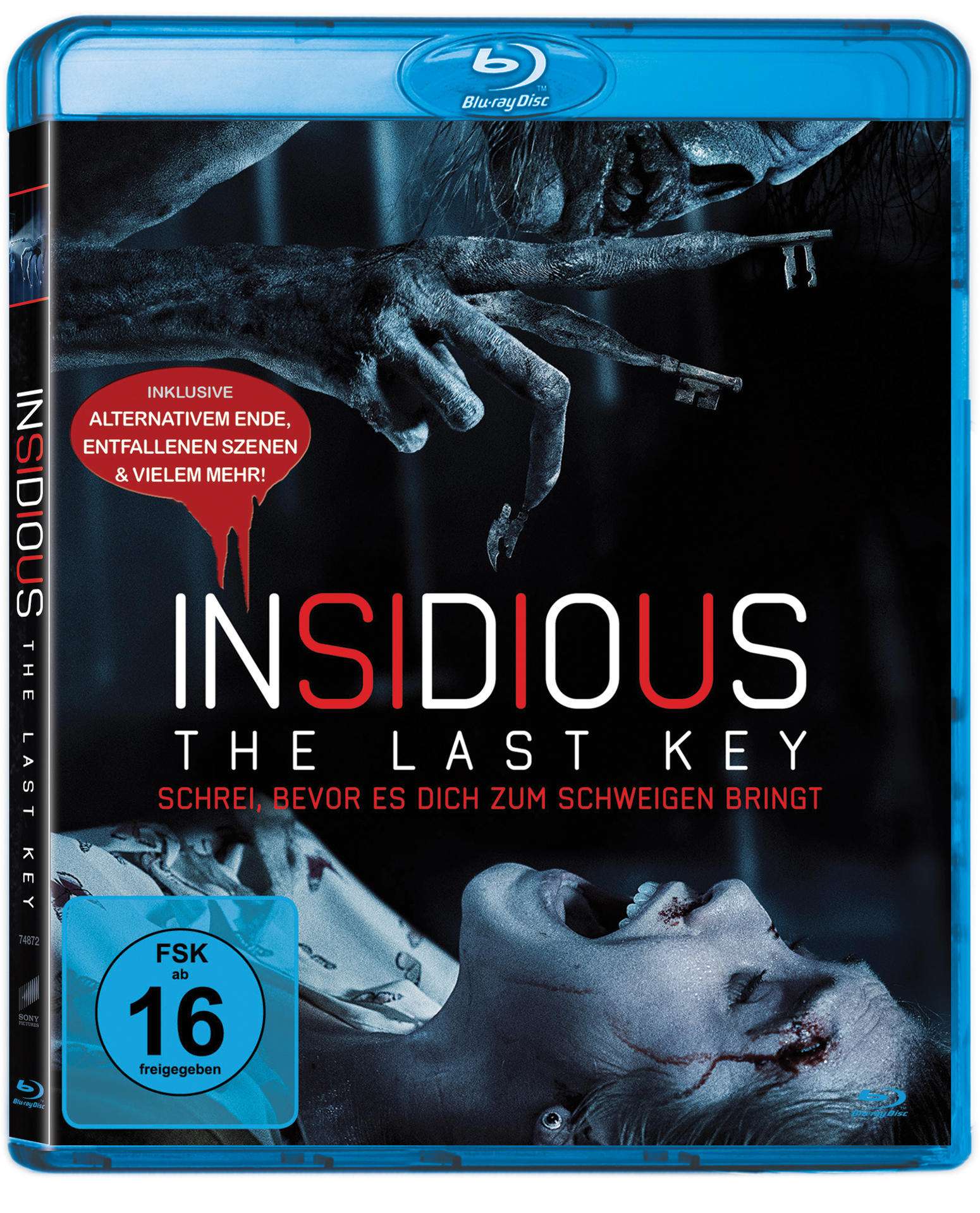 DVD-Hülle für Insidious: The Last Key. Zeigt eine Frau und einen Schlüssel. Text sagt 'The Last Key'.
