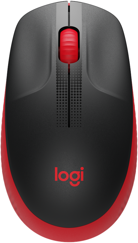Logitech piros, fekete és szürke számítógépes egér piros görgetőkerékkel.
