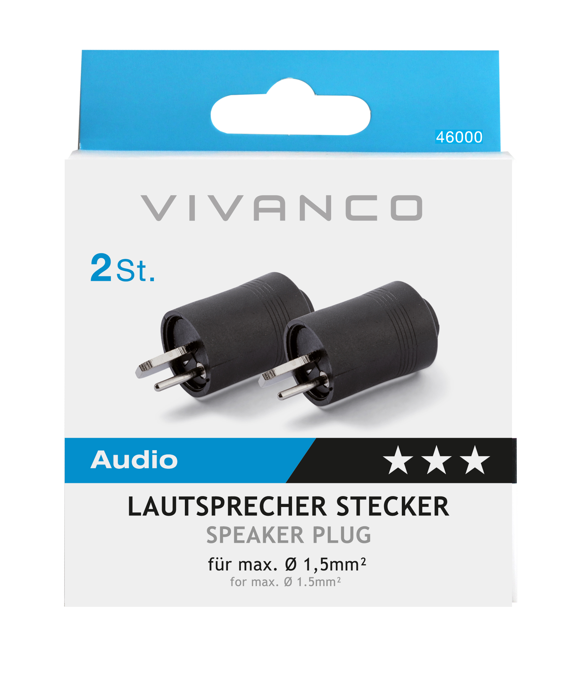 Zwei schwarze Lautsprecherstecker in einer weiß-blauen Box. Die Marke ist Vivanco.