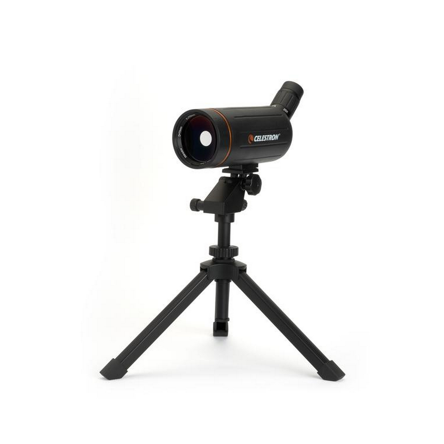 Telescopio terrestre sobre un trípode. Negro y naranja, con lente y dial de ajuste.