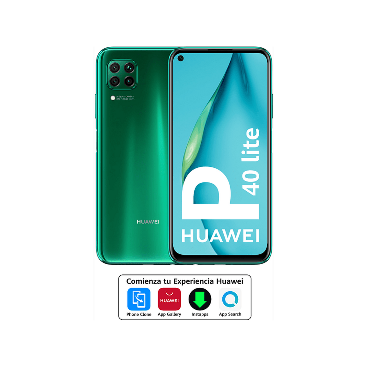 Smartphone verde Huawei P40 lite, mostrando frontal y trasera. Una caja con iconos de aplicaciones abajo.