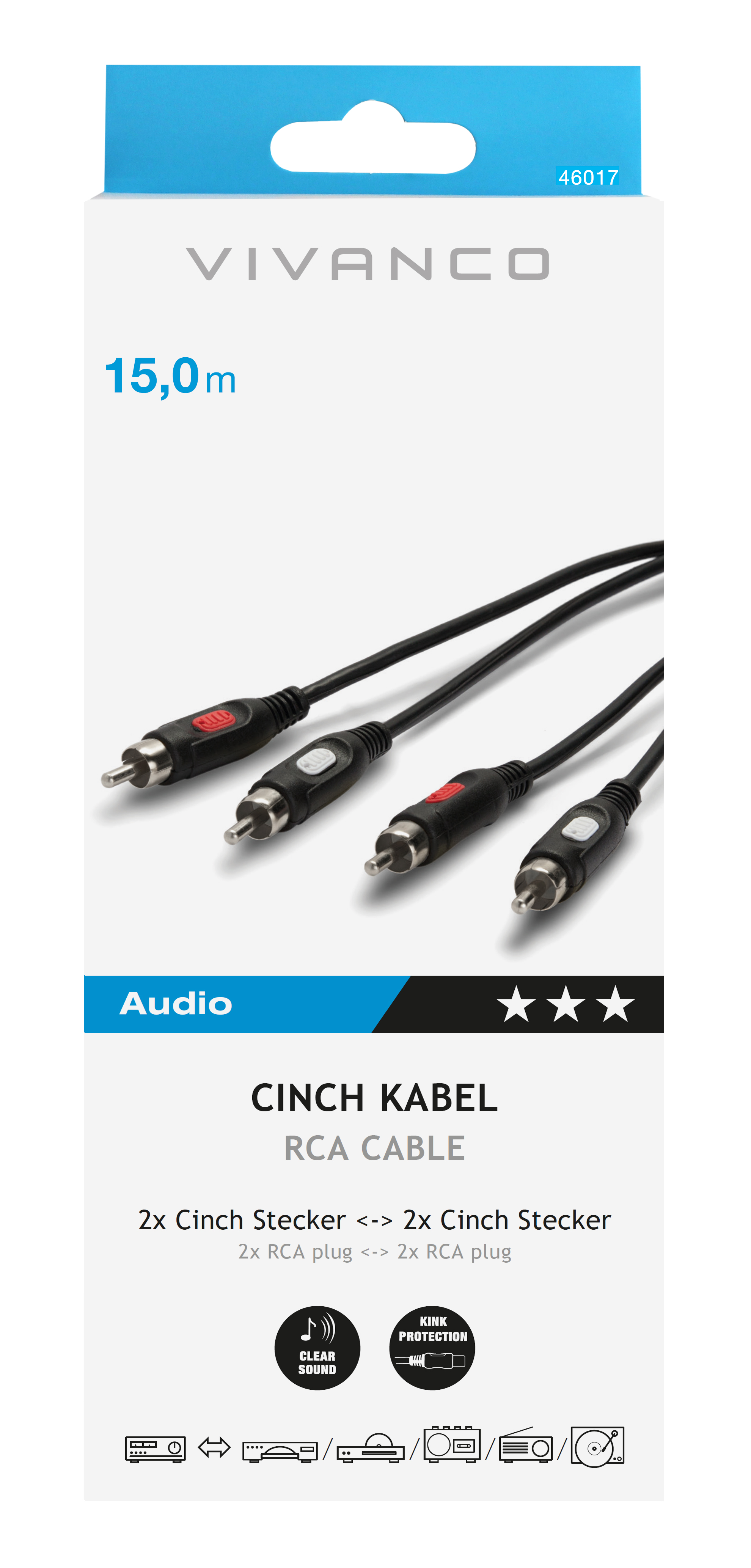 RCA-Audio-Kabelverpackung. Schwarze Kabel mit roten und weißen Steckern, auf weißem Grund.