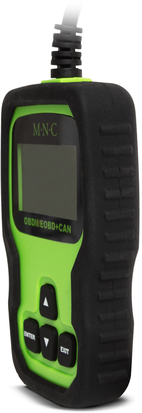 Egy fekete-zöld OBDII/EOBD+CAN kódolvasó látható.