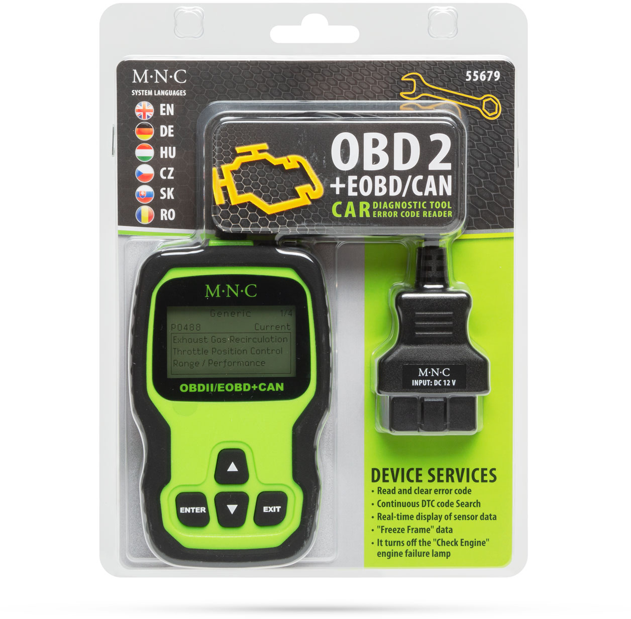 OBD2 diagnosztikai eszköz buborékcsomagolásban, információkat jelenít meg a képernyőn.