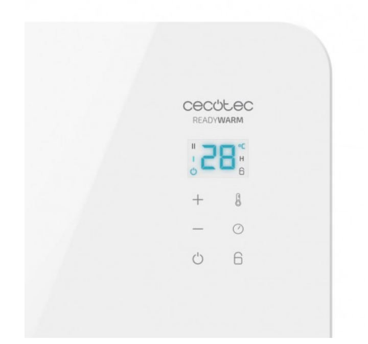 Termostato digital blanco con pantalla azul y botones de control. Texto: Cecotec Readywarm.