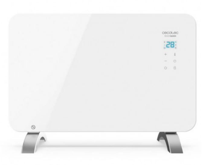 Un calentador eléctrico blanco con una pantalla digital, sobre un fondo blanco.
