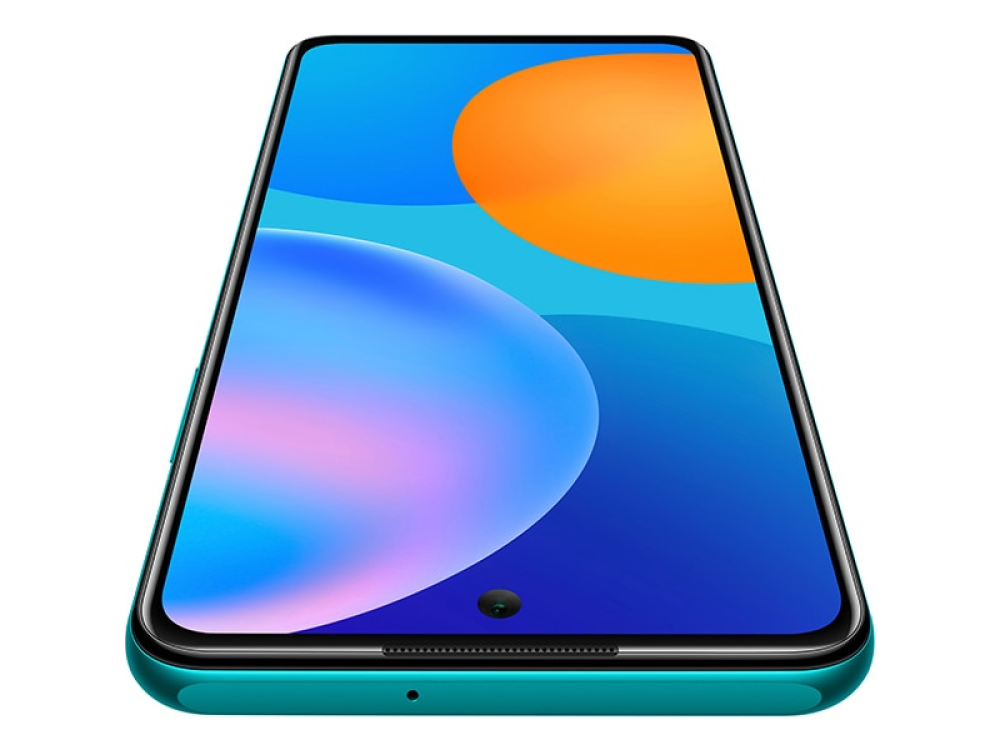 Un smartphone turquesa con pantalla azul y naranja, mostrando cámara y botón de encendido.