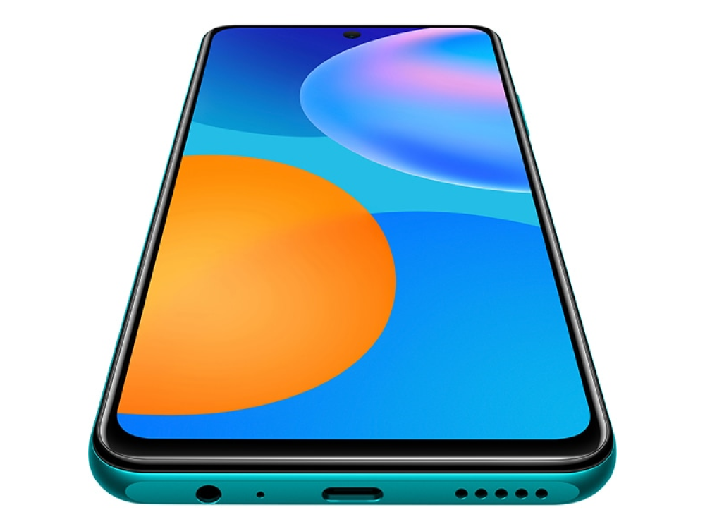 Se muestra un teléfono inteligente verde azulado con una pantalla azul brillante y naranja.