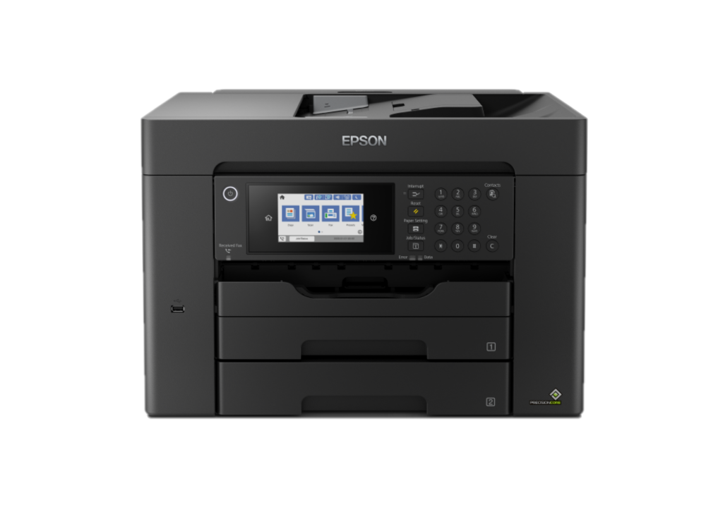 Una impresora multifunción Epson negra con pantalla, bandejas de papel y botones de control.