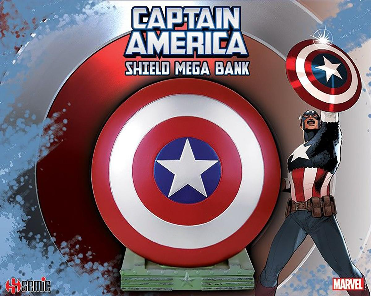 Captain America Schild Replik. Rot, weiß und blau mit Stern. Captain America Figur im Hintergrund.