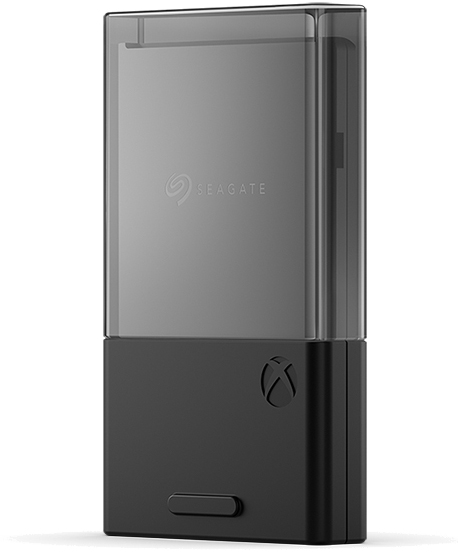 Black and gray Seagate external hard drive for Xbox, with a transparent top and Xbox logo.