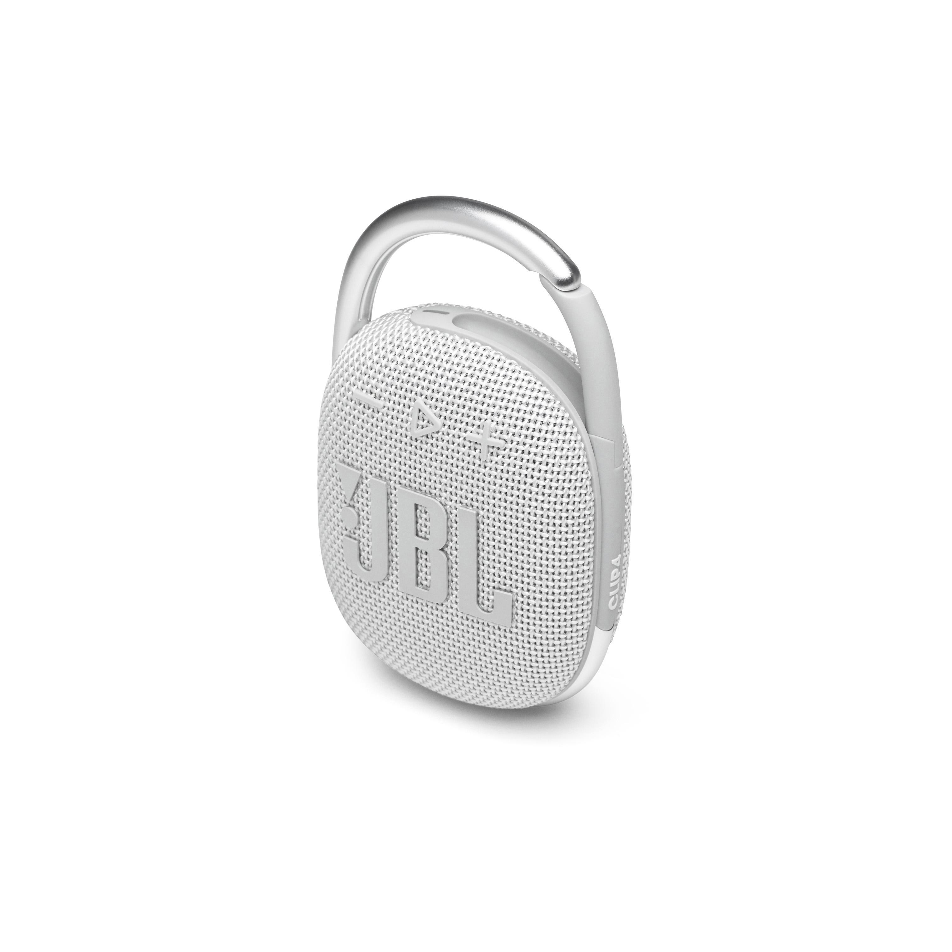 Weißer JBL Clip Lautsprecher. Der Lautsprecher hat einen silbernen Haken und das JBL-Logo vorne.