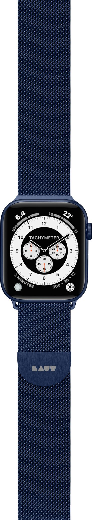 Apple Watch mit blauem Armband. Das Zifferblatt zeigt einen Tachymeter, und die Uhrzeit ist sichtbar.