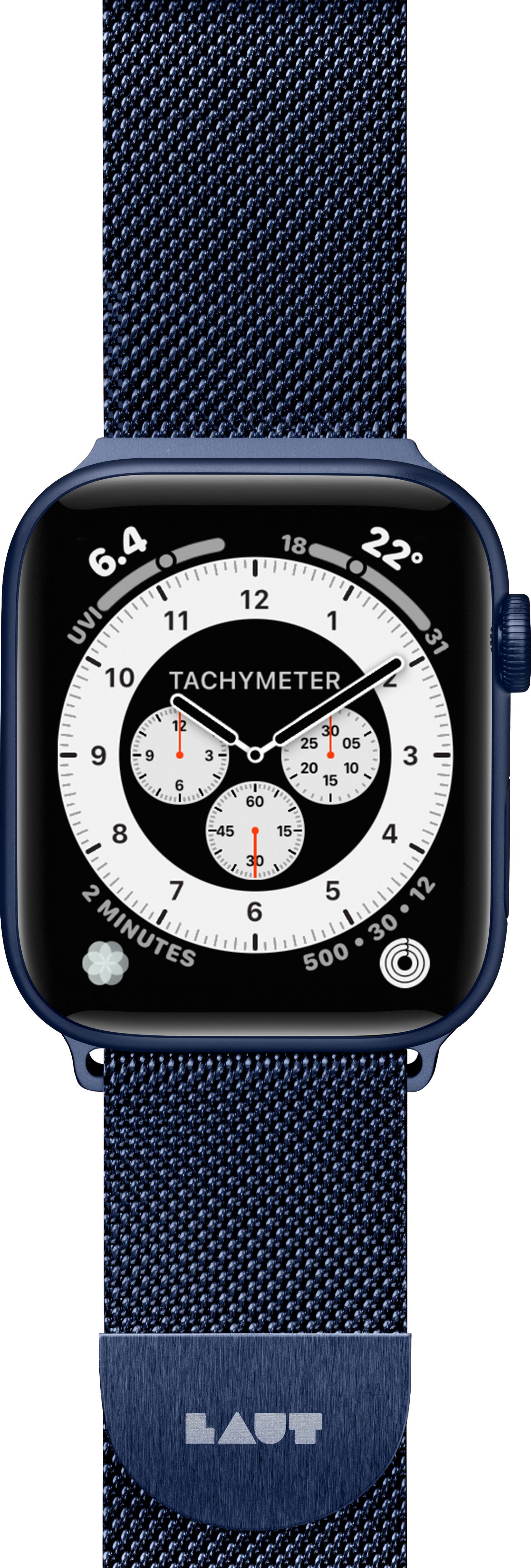 Apple Watch mit blauem Gehäuse und Armband, zeigt ein schwarzes Zifferblatt mit weißen Details.