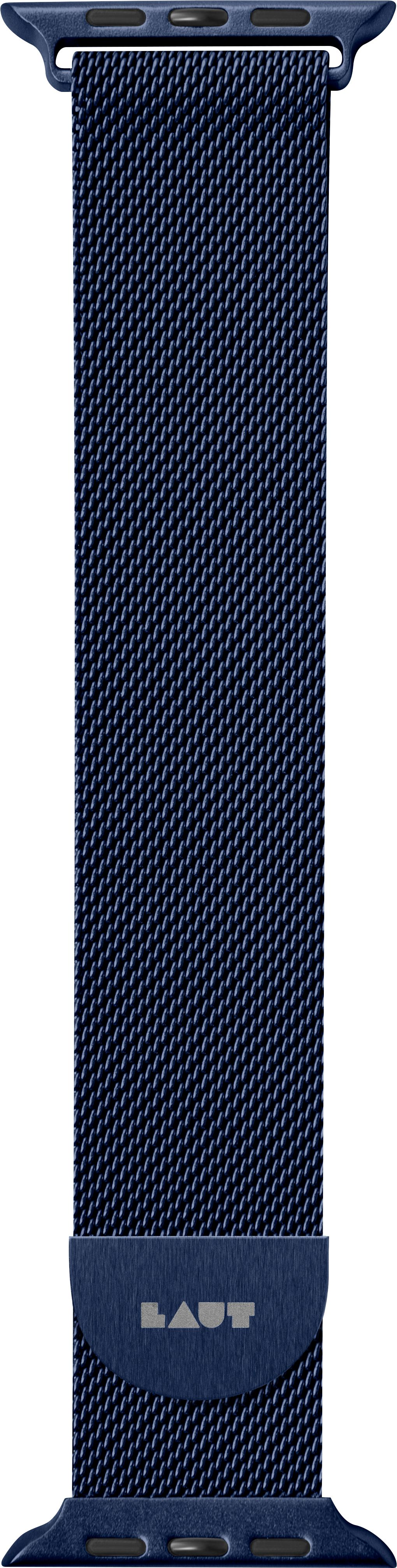 Ein marineblaues Laut Apple Watch-Armband. Das Armband hat ein Mesh-Design mit Verschluss. Weißer Hintergrund.