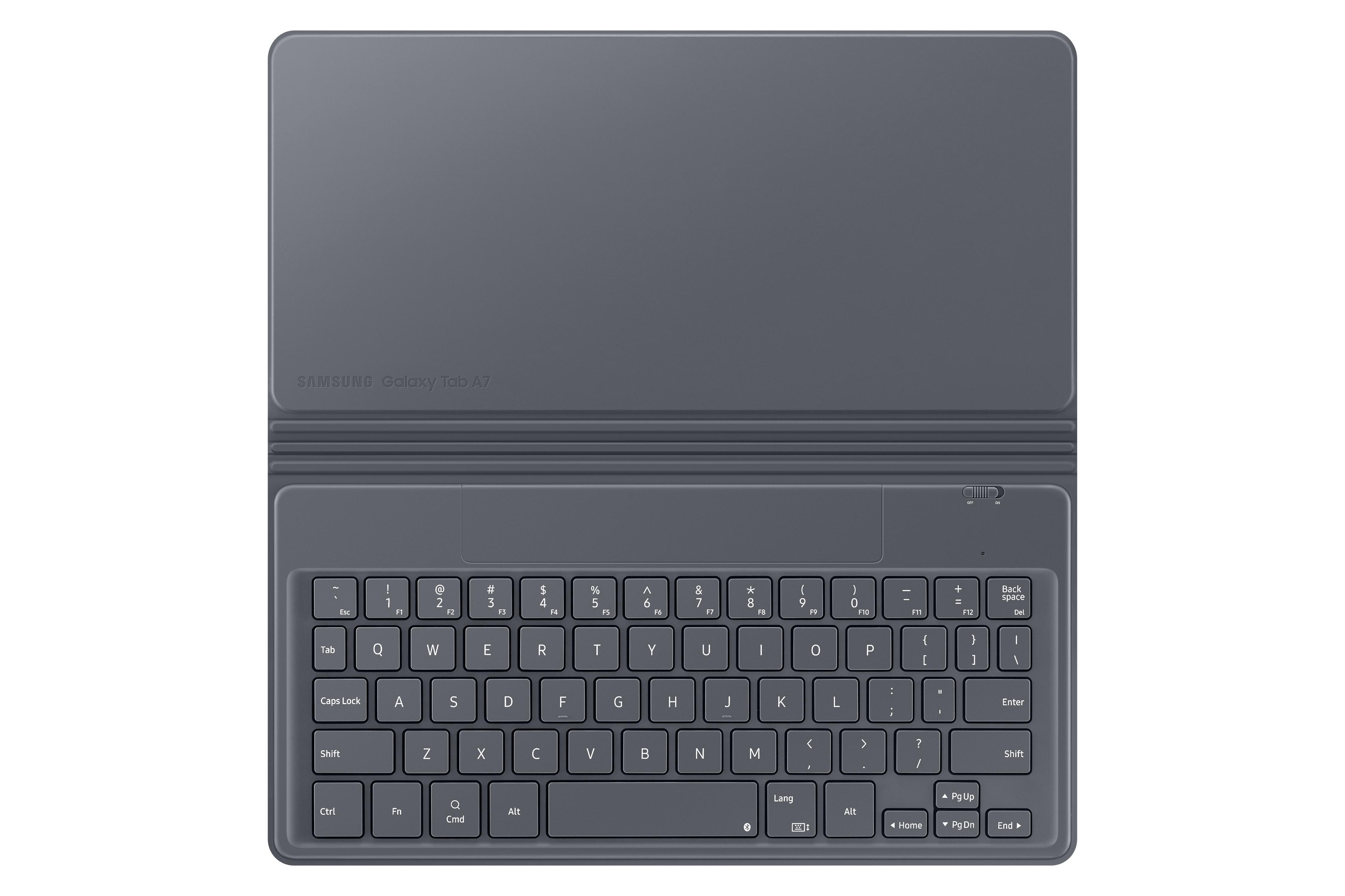 Samsung Galaxy Tab A7 Tastaturhülle, dunkelgrau. Zeigt Tastaturlayout mit Tasten und einer oberen Abdeckung.