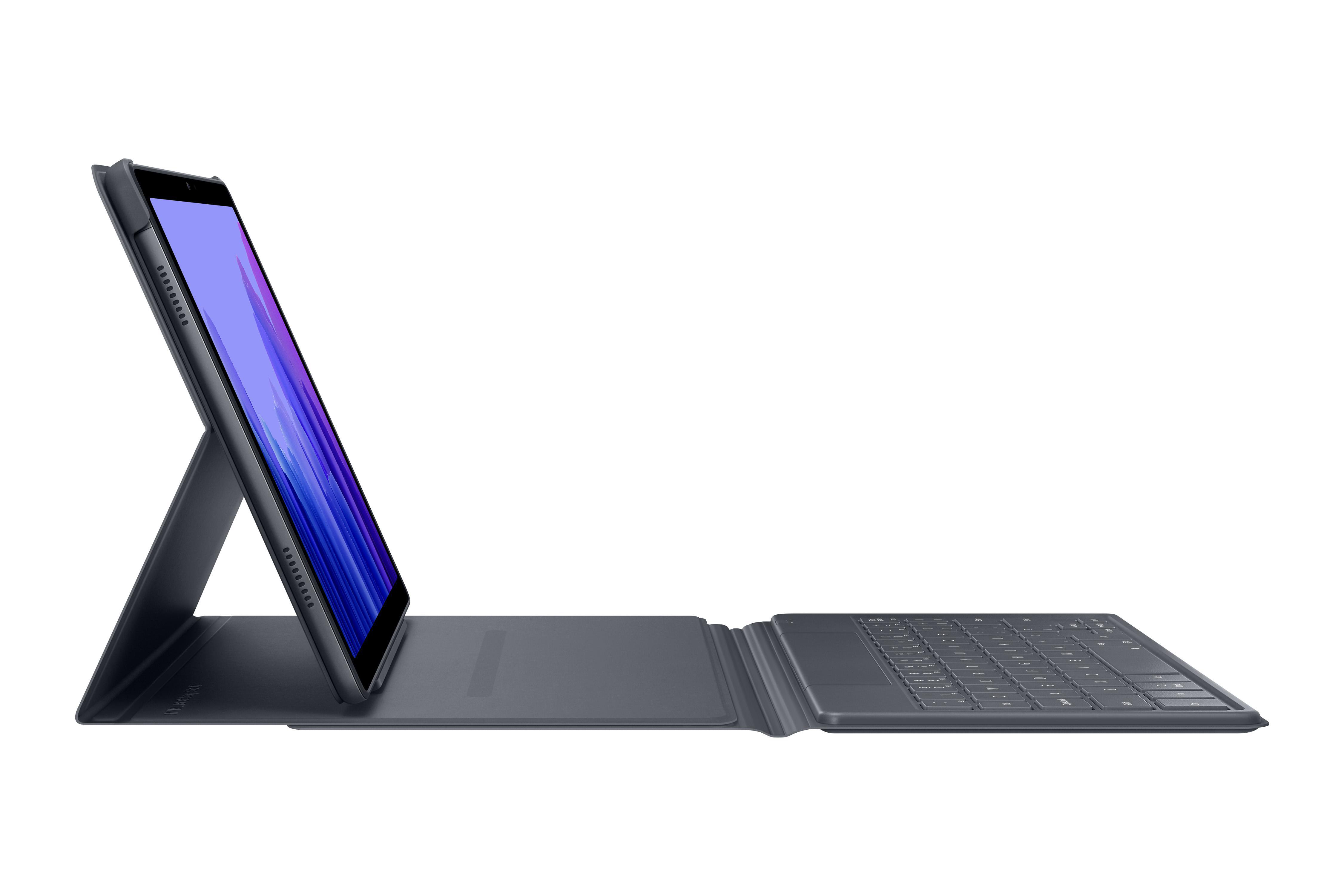Dunkelgraues Tablet mit Tastaturhülle. Das Tablet ist geöffnet und abgewinkelt, zeigt einen blauen Bildschirm.
