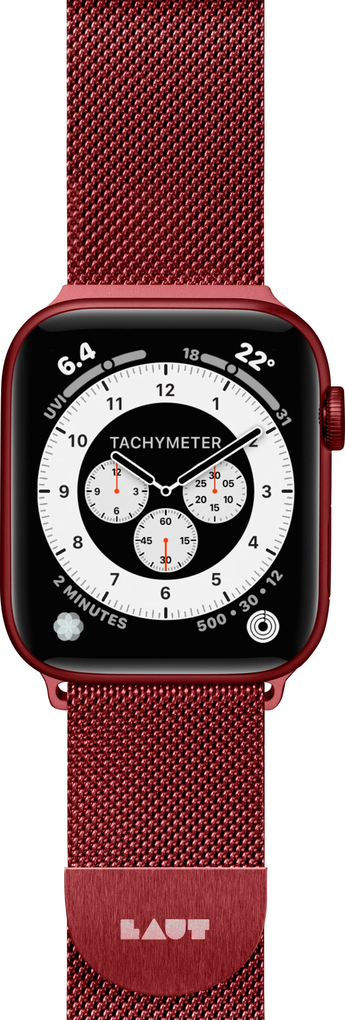 Burgunderfarbene Apple Watch mit passendem Armband. Das Zifferblatt zeigt Zeit, Datum und weitere Metriken.