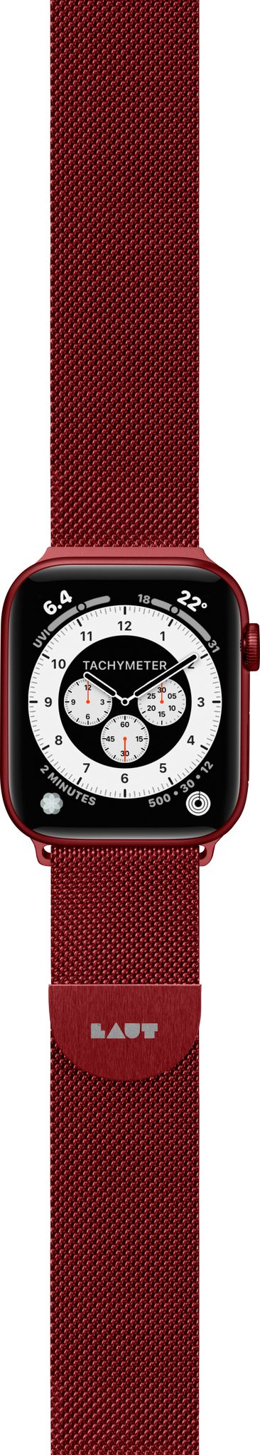 Rote Apple Watch mit rotem Band, zeigt Tachymeter.