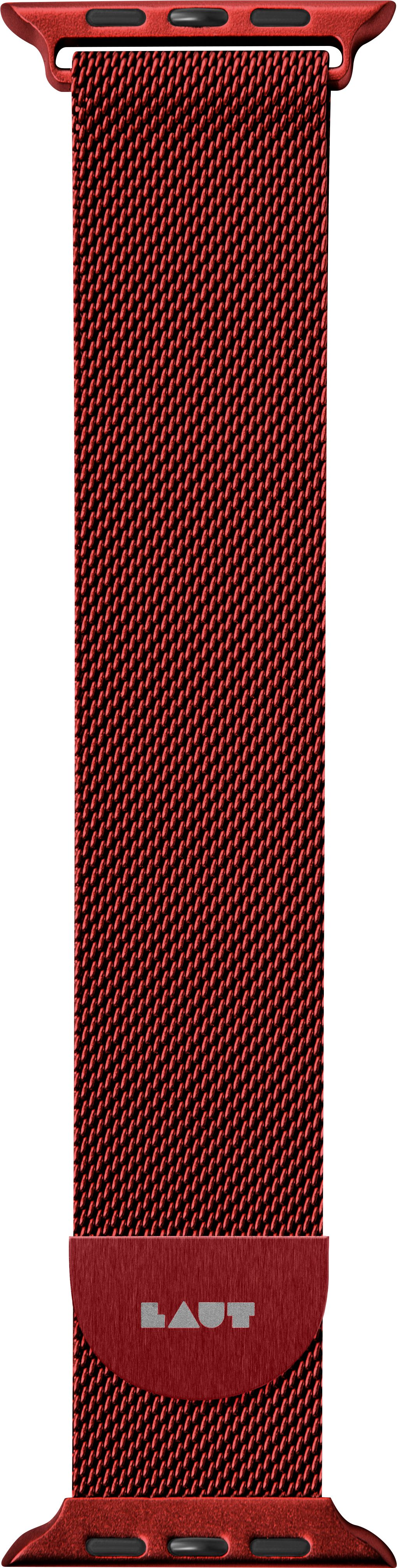 Rotes und schwarzes Mesh-Uhrenarmband. Verfügt über das 'LAUT'-Logo.