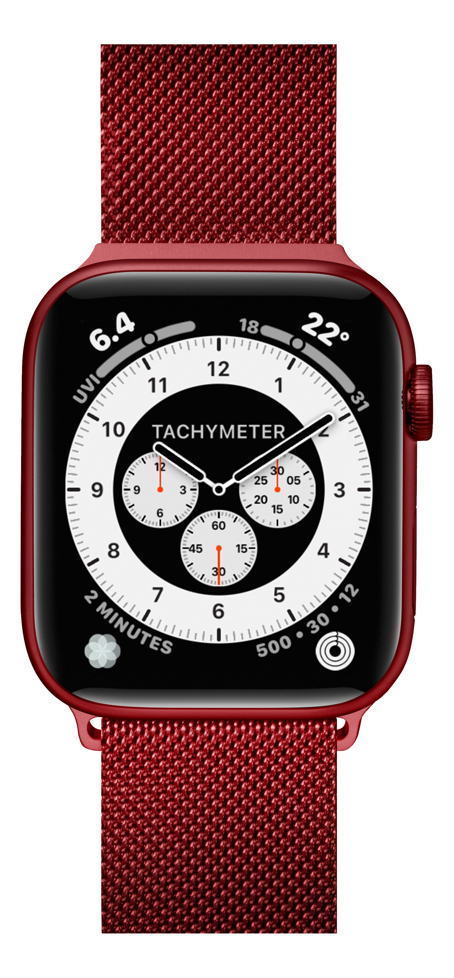 Rote Apple Watch mit rotem Armband. Das Zifferblatt zeigt Zeit und verschiedene Metriken an.