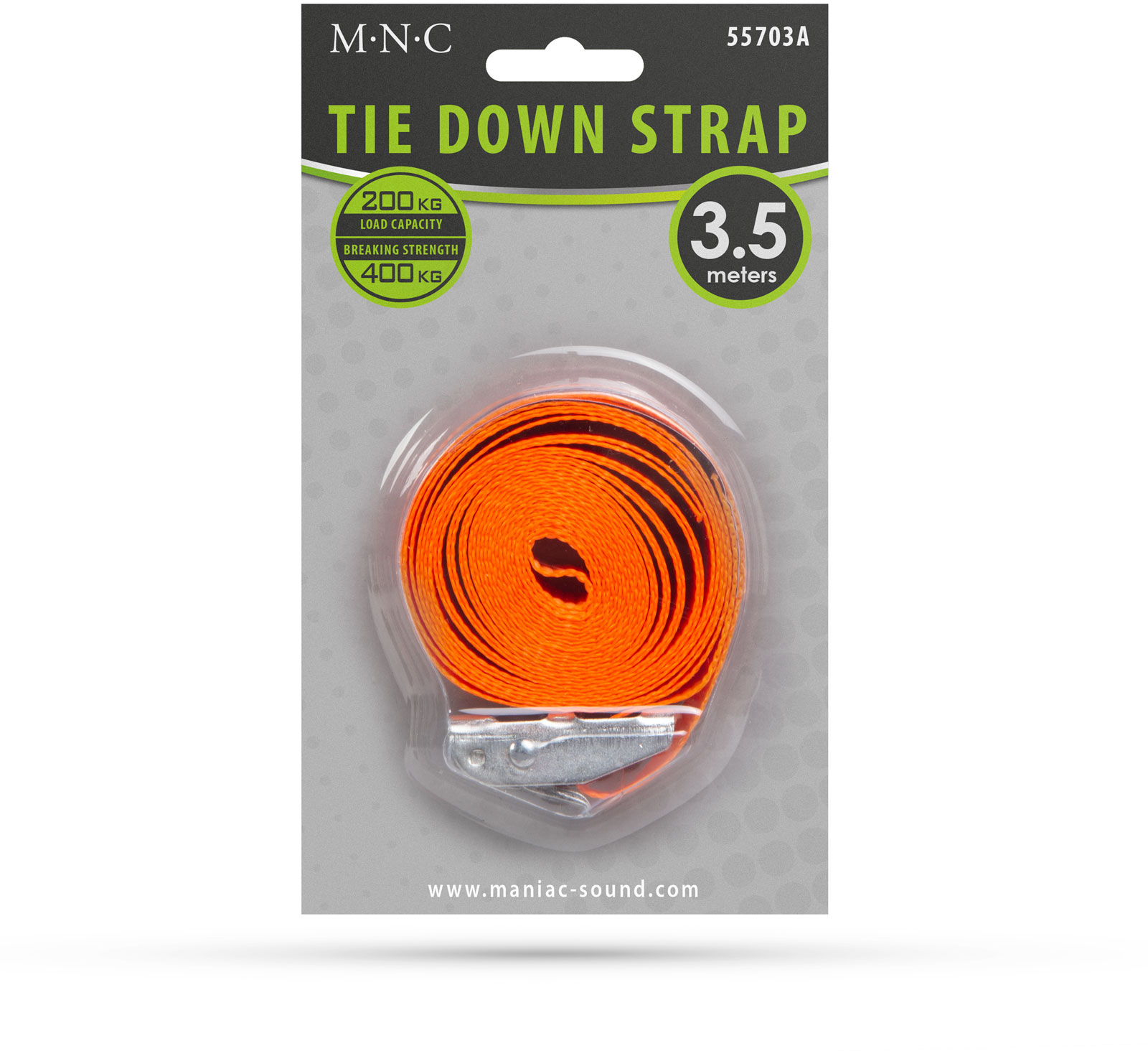 Narancssárga rögzítőpánt műanyag csomagolásban. A csomagoláson a szöveg: 'TIE DOWN STRAP'.