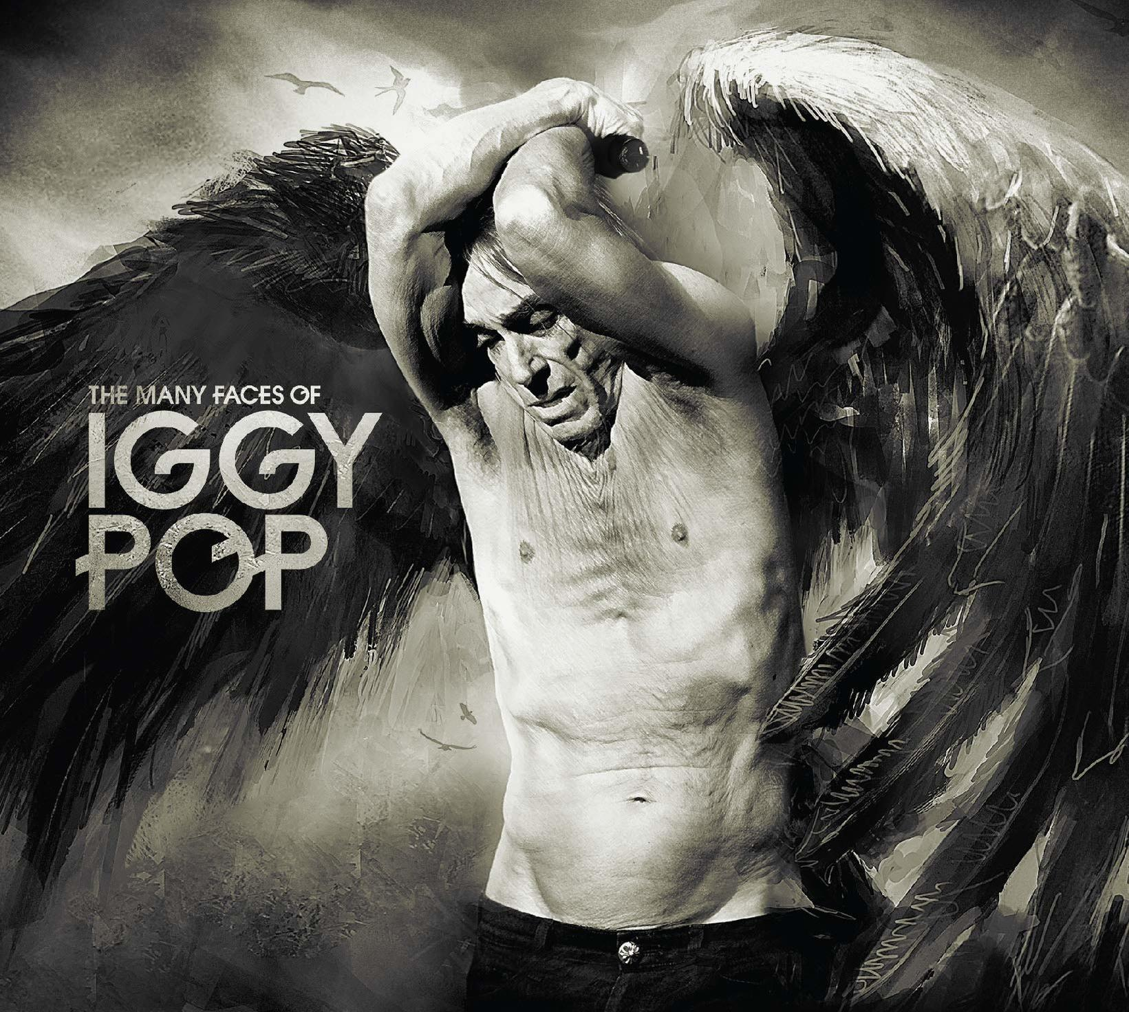 Iggy Pop album borítója. A sok arc, Iggy szárnyakkal, fekete-fehér.