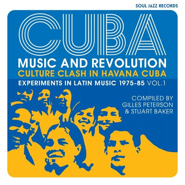 Albumhoes met blauwe en gele tekst. Gezichten van mensen staan onderaan. Cuba thema.