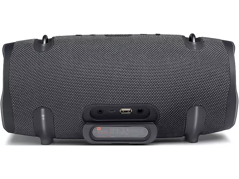 Altavoz JBL negro y gris con puertos y diseño de tela.