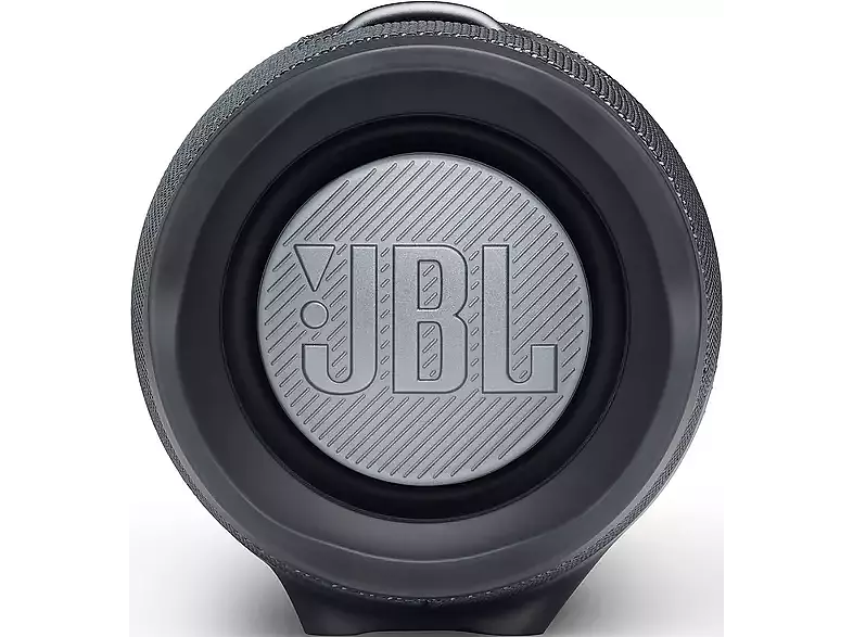 Primer plano de un altavoz JBL negro con el logotipo gris de JBL en el centro.