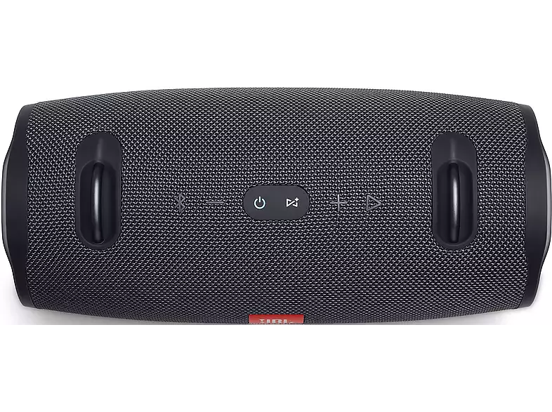 Altavoz portátil negro con botones. El altavoz es rectangular.